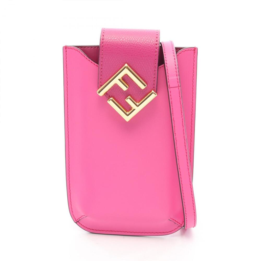 Fendi FF Diamond Phone Pouch Clutch Shoulder Bag Leather Pink